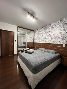 a bedroom with a large bed and a large mirror at Pousada Central Jaraguá in Jaraguá do Sul