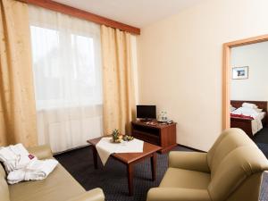 a hotel room with a couch and a table at Hotel Arkadia in Legnica