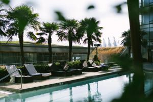 a row of palm trees in front of a pool of water at Fairmont Pacific Rim in Vancouver