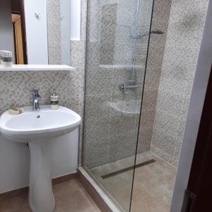 een badkamer met een douche en een wastafel bij SUNRISE in Boekarest