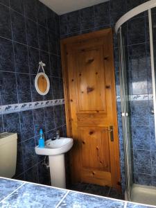 a bathroom with a sink and a shower and a toilet at Adega do Golfinho in Feiteira