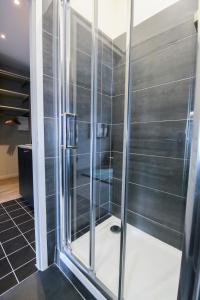 y baño con ducha y puerta de cristal. en L'Industriel, T2 hypercentre chic et cosy, Wifi par SOVALFI en Saint-Étienne