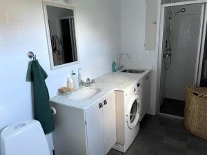 a bathroom with a sink and a washing machine at Holiday home LINKÖPING II in Linköping