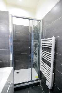 La salle de bains est pourvue d'une douche avec une porte en verre. dans l'établissement L'Eléphant, T2 hypercentre chic et cosy, Wifi par SOVALFI, à Saint-Étienne