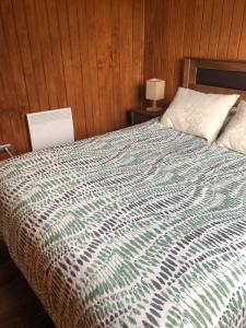 ein Bett mit einer grünen und weißen Bettdecke in einem Schlafzimmer in der Unterkunft Snowko in Malalcahuello