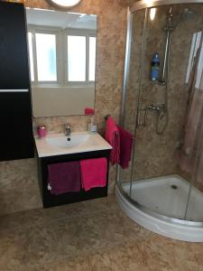 a bathroom with a sink and a shower and a mirror at Valletta Private Room in Valletta