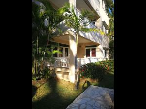 a house with a palm tree in front of it at Delightful Caribbean apartment in Boca Chica in Boca Chica +6 photos