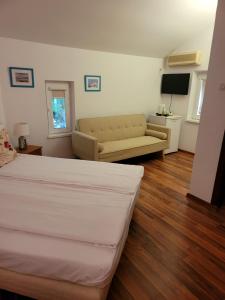 a room with a bed and a couch and a television at Pension Edelweiss in Eforie Sud