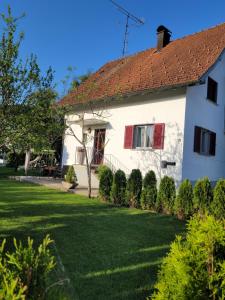 a white house with a red window and a yard at Ferienwohnung Suppan in Hörbranz