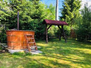 a gazebo and a wooden structure in a yard at Pensiunea Ioana in Borşa