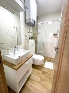 a bathroom with a sink and a toilet and a shower at Villa Franko Baška Voda in Baška Voda