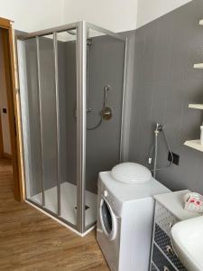 a bathroom with a shower and a washing machine at Casa Bracchi in Valdisotto