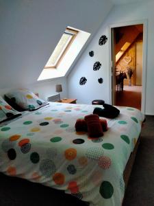 a bedroom with a bed with a polka dot blanket at La Flandre entre plaine, mer et marais in Rubrouck