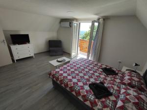 a bedroom with a bed and a television and a window at Miličin konak in Vrdnik