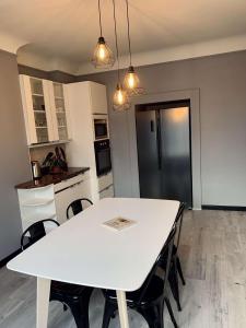 kuchnia z białym stołem i czarnymi urządzeniami w obiekcie Maison entière aux portes du canal de Bourgogne w mieście Pouilly-en-Auxois +8 zdjęć