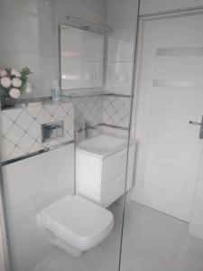 een witte badkamer met een toilet en een wastafel bij Pokoje gościnne Słupy Olsztyn - parking in Olsztyn