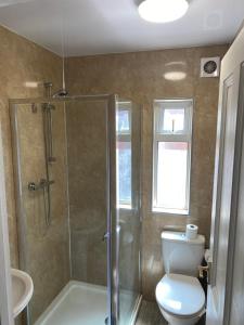 uma casa de banho com um WC e uma cabina de duche em vidro. em Aegir House em Gainsborough