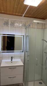 W łazience znajduje się umywalka i prysznic. w obiekcie Magnifique Studio de 20m2 pour 1 à 4 personnes w mieście Les Rousses