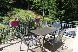 a table and chairs on a balcony with plants at Schreiner in Daun