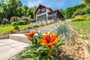 ein Haus mit einem Blumengarten davor in der Unterkunft Holiday Home Mare near River in Karlovac