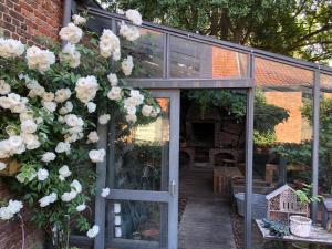 un invernadero con rosas blancas creciendo dentro de él en B&B Vennehoeve, en Vremde