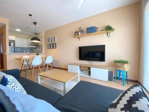 ein Wohnzimmer mit einem Sofa und einem TV in der Unterkunft Vistas al mar playa Eucaliptus, con solarium privado in L'Eucaliptus