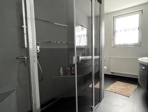 a bathroom with a glass shower and a sink at Ferienwohnung Sonnengarten in Schönberg +14 photos
