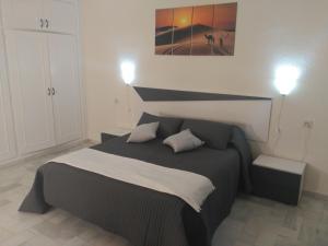 sypialnia z czarnym łóżkiem i dwiema poduszkami w obiekcie APARTAMENTO BAJO NATURISTA A PIE DE PLAYA. w mieście Vera