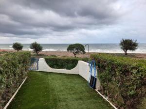 ławka siedząca na trawie przy plaży w obiekcie APARTAMENTO BAJO NATURISTA A PIE DE PLAYA. w mieście Vera