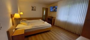 een kleine slaapkamer met een bed en een televisie bij Kräuterhotel & Restaurant Heidejäger in Mulmshorn