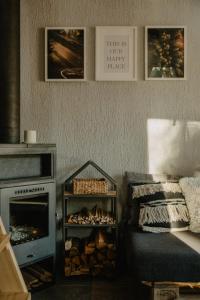 un salon avec une cheminée et une cheminée dans l'établissement Private cosy forest cabin, à Inturkė