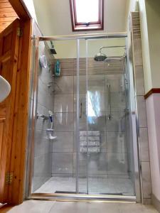 a shower with a glass door in a bathroom at Dan Rua's Cottage in Cavan