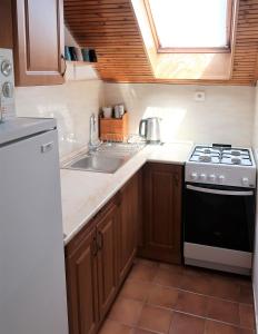a small kitchen with a stove and a sink at Váralja Vendégház Tihany in Tihany +22 photos