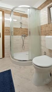 a bathroom with a toilet and a glass shower at Váralja Vendégház Tihany in Tihany