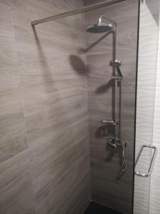 a shower with a shower head and a glass door at Safira Vista Mar Apartment in Portimão