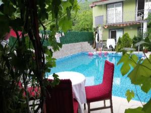 a table and chairs next to a swimming pool at Lile Pestani Accommodation in Peštani