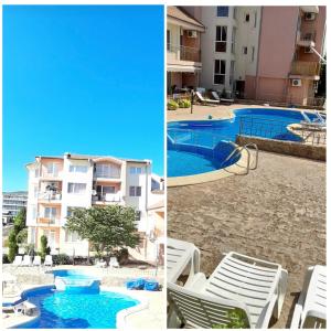 two pictures of a swimming pool next to a building at Le Premiére Randevu in Sveti Vlas