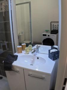 La salle de bains est pourvue d'un lavabo blanc et d'une douche. dans l'établissement Studio Cosy Chambray-Les-Tours, à Chambray-lès-Tours