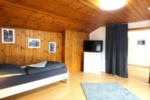 a bedroom with a bed and a tv and wooden walls at 3 room apartment in Lengerich in Lengerich
