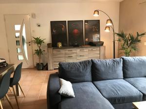 ein Wohnzimmer mit einem blauen Sofa und einem TV in der Unterkunft Maison au cœur du Pays Basque in Cambo-les-Bains