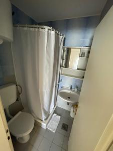 a bathroom with a toilet sink and a shower curtain at Apartmani Zorica in Rab