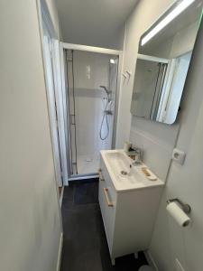a white bathroom with a sink and a shower at Studio Cosy Centre ville in Caen