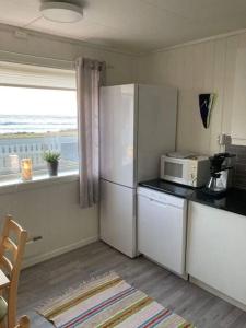a kitchen with a refrigerator and a microwave at Nøssveien 271, 8488 Nøss Andøy in Nøss
