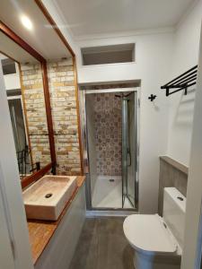a bathroom with a shower and a toilet at Wolley - Peniche GuestHouse in Peniche +12 photos