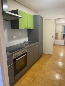 an empty kitchen with a stove and green cabinets at House Marin II - Apartment in Maribor
