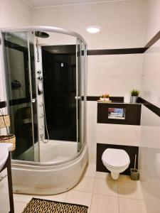 La salle de bains est pourvue d'une douche et de toilettes. dans l'établissement Portowy - Sweet House, à Świnoujście