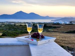 zwei Gläser Wein und ein Obstteller auf dem Tisch. in der Unterkunft Κallisto rooms in Mytakas