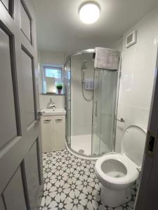 baño con ducha y aseo blanco en Location Location - Gorgeous 3 Bed Apartment in Killarney, en Killarney