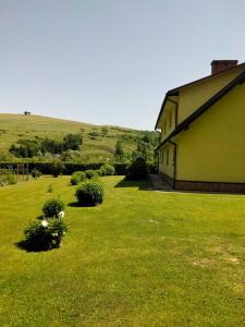 a house in a grassy yard next to a building at Cichy Zakątek in Ustrzyki Dolne