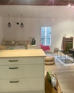 een woonkamer met een aanrecht en een kamer met stoelen bij "Le cocon des arènes" Arles centre in Arles